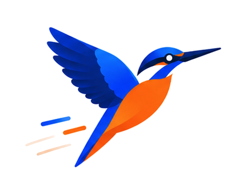 NexWare ijsvogel die omhoog vliegt — symbool voor snelheid, precisie en vooruitgang