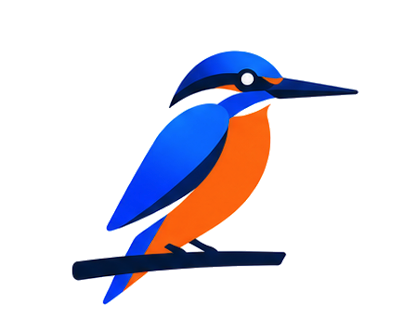 NexWare ijsvogel rustend op een tak — symbool voor kalme, zorgvuldige ontwikkeling